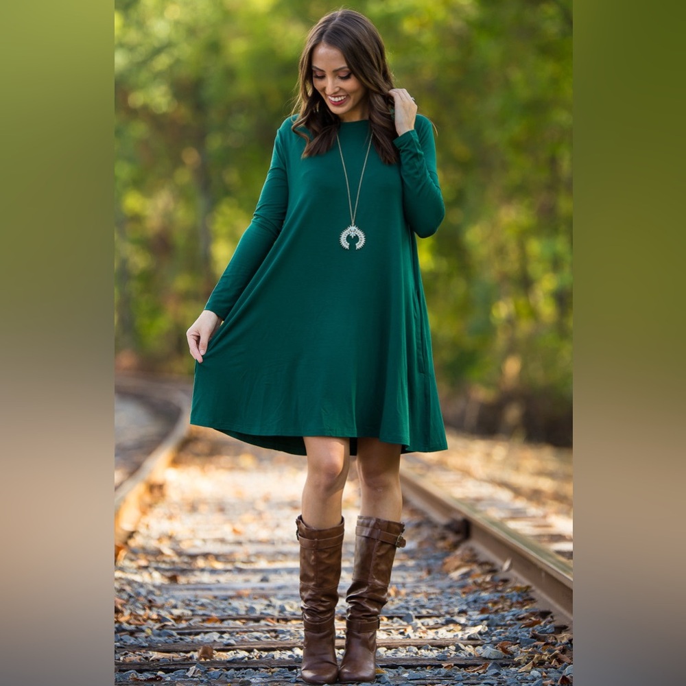 Cupio Dark Green Swing Dress Size L 3/4 Sleeve A-Line Stretch Fall